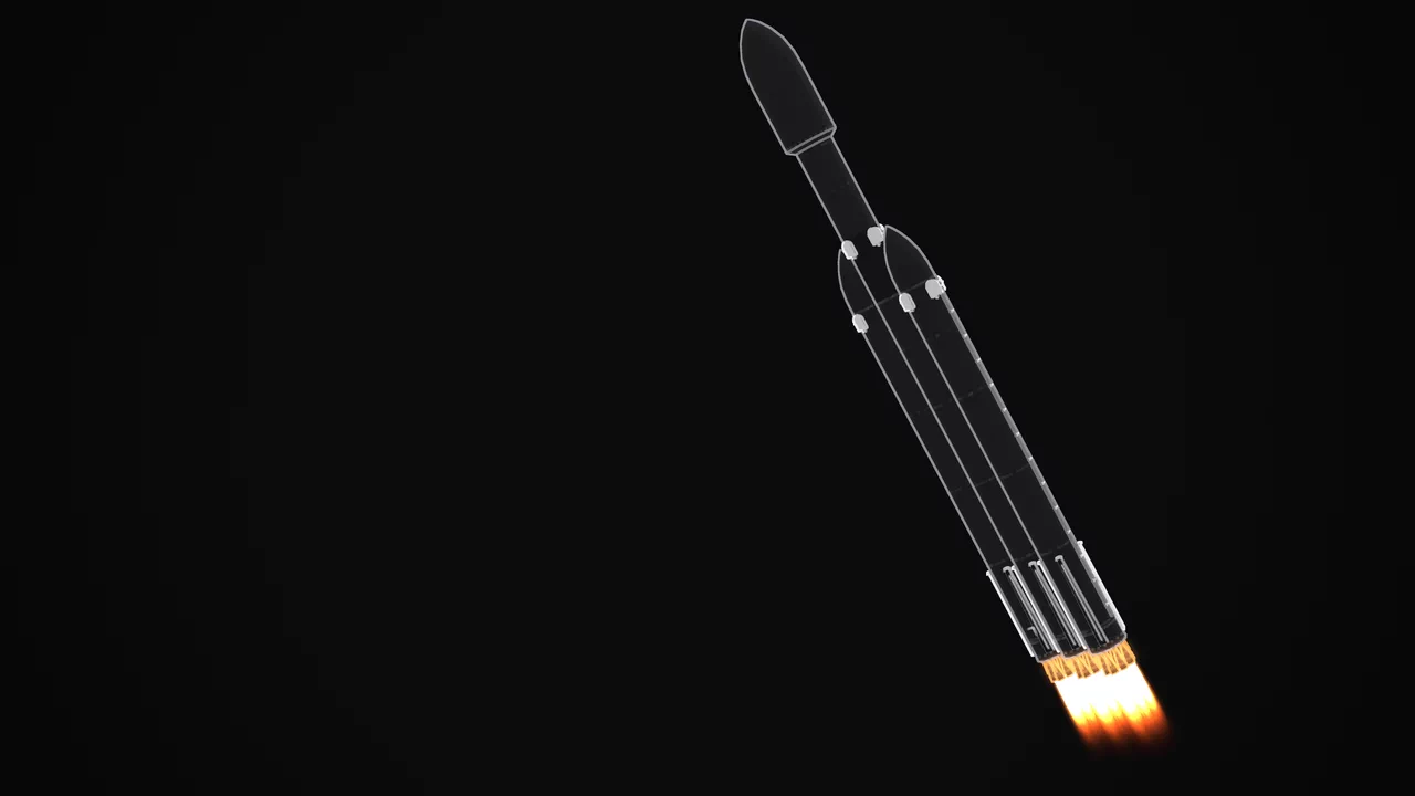 Falcon Heavy climbing on a diagonal, its 27 Merlin engines lit orange.