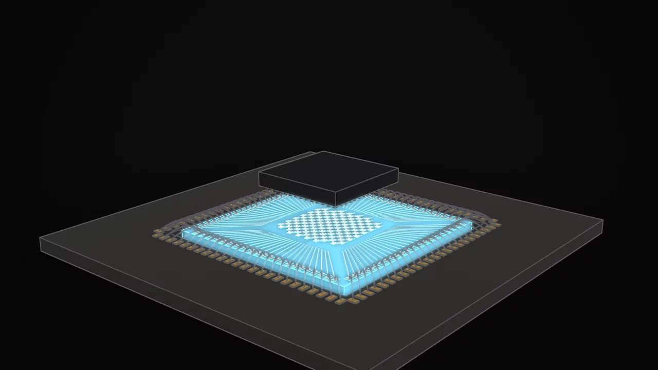 A Willow-class chip in its package with the top die lifted off and the qubit die lit blue.