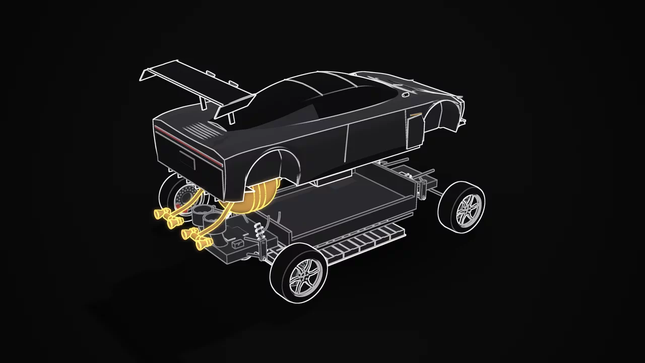 The Roadster exploded into its body, cabin, battery and chassis, with the cold-gas thrust system lit amber.