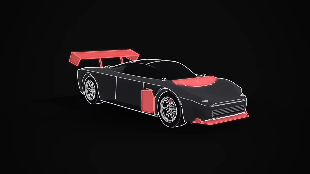 The Roadster in Track Mode from the front three-quarter, rear wing raised and the aero parts lit red.